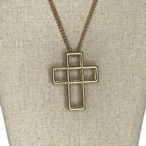 Gold Tone 3D Cube Cross Necklace Minimalist Geometric Christian Pendant 16.5"